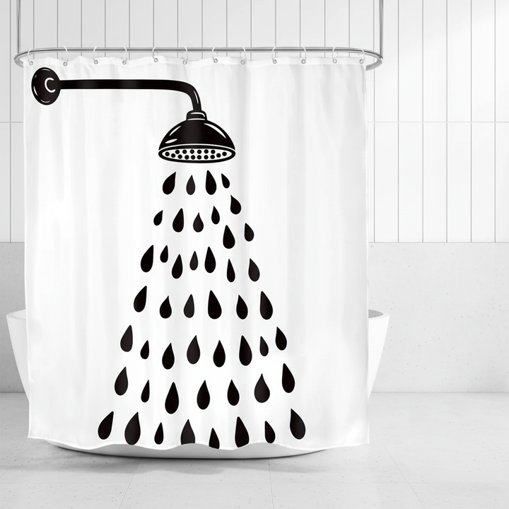 Modern black and white drop design shower curtain. Waterproof polyester for contemporary bathroom decor & privacy.