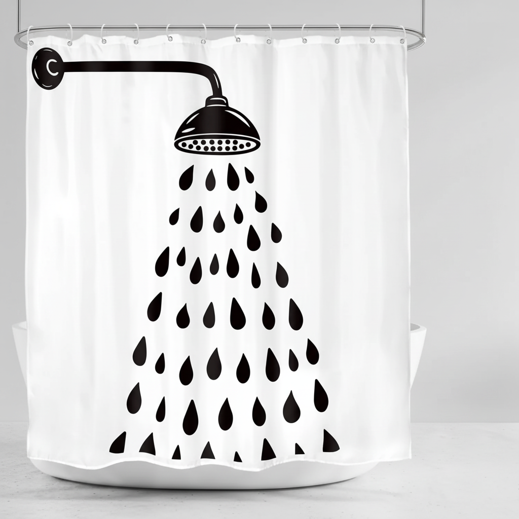 Stylish black & white drop design shower curtain for modern bathrooms. Easy clean, waterproof polyester for privacy.