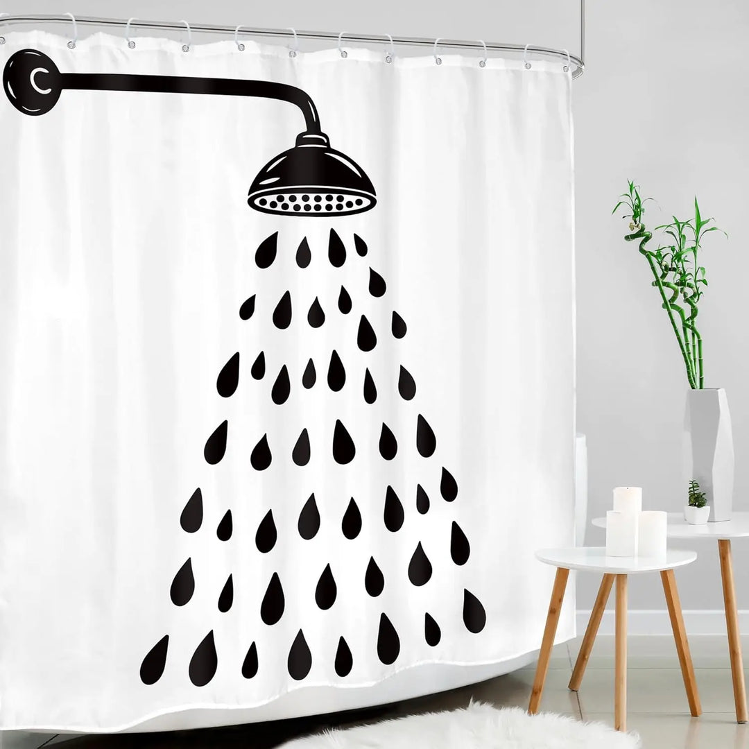 Contemporary 'drop design' shower curtain in black & white. Waterproof polyester for modern bathroom privacy.