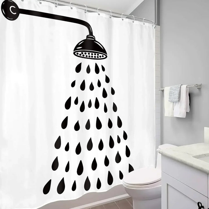 High-quality polyester shower curtain, 'drop design' in black/white. Waterproof & easy clean for modern baths.