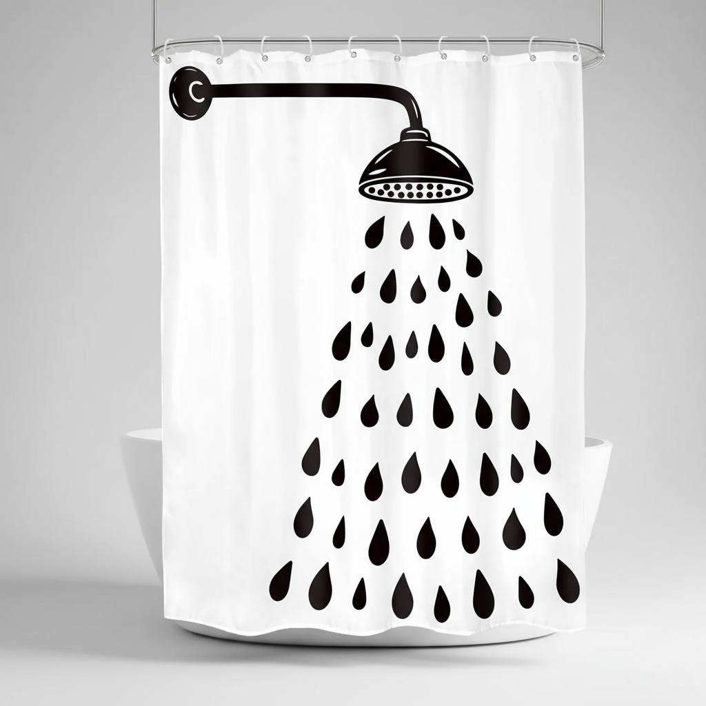 Elegant black and white drop design shower curtain for a modern bathroom. Provides privacy & is easy to clean.