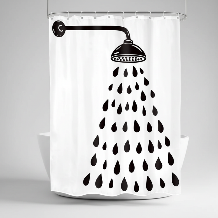 Elegant black and white drop design shower curtain for a modern bathroom. Provides privacy & is easy to clean.