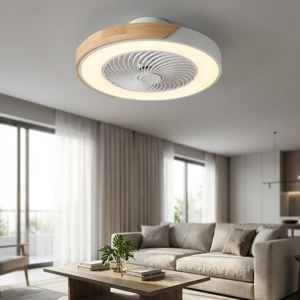 Modern bladeless LED ceiling fan light fixture by Breezora. Quiet operation, remote controlled home lighting.