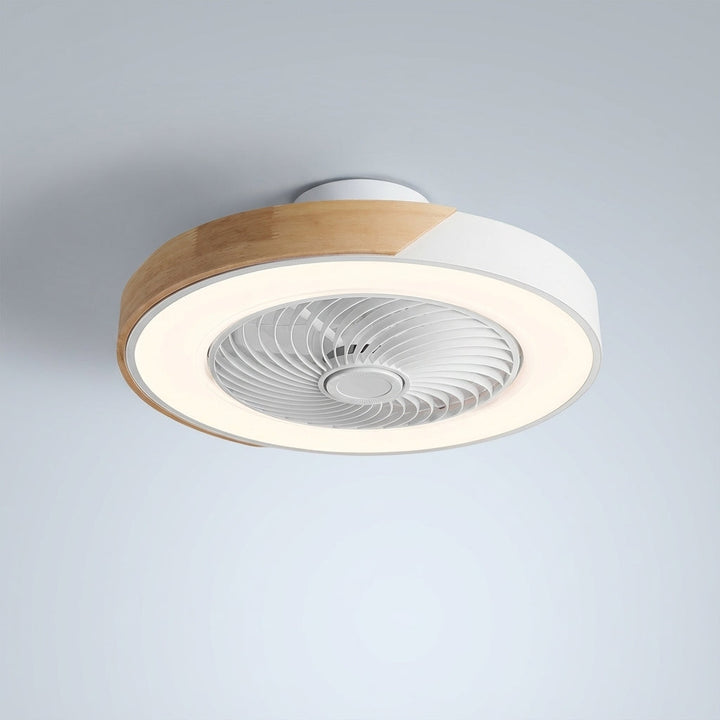 Sleek bladeless LED ceiling fan with integrated ambient light for modern home comfort. Quiet design.