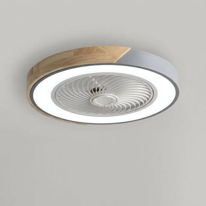 Contemporary bladeless LED fan fixture. Integrated light for ambient home lighting & quiet comfort.