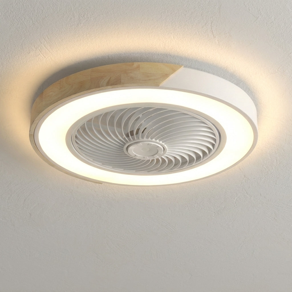 Stylish bladeless LED ceiling fan. Quiet operation, remote control, and modern ambient home lighting.