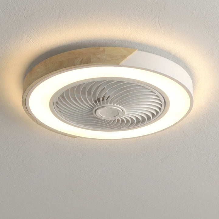 Stylish bladeless LED ceiling fan. Quiet operation, remote control, and modern ambient home lighting.