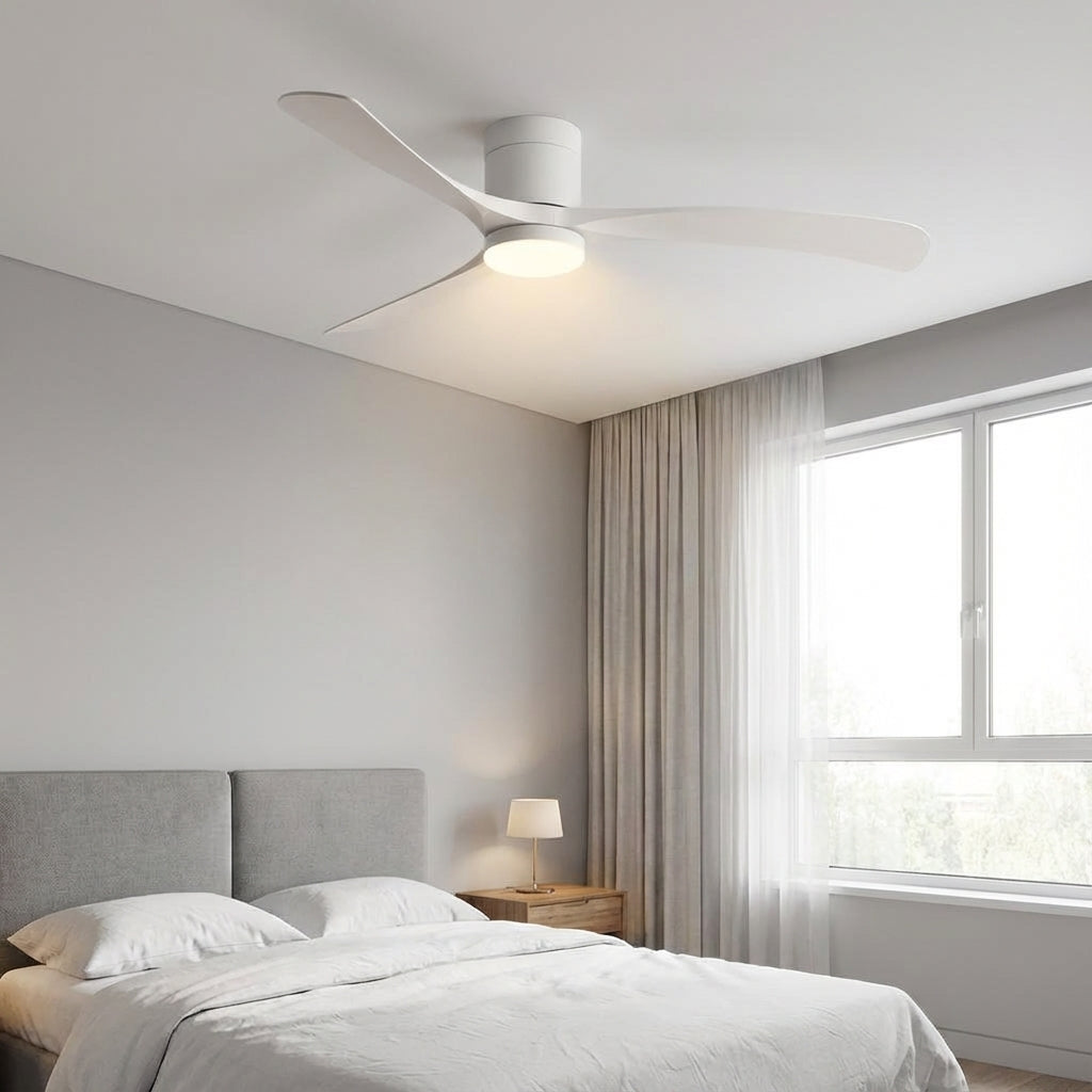 Modern ceiling fan with integrated LED light for contemporary living rooms. Quiet, energy-efficient comfort.