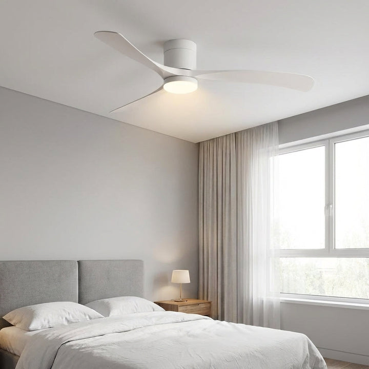 Modern ceiling fan with integrated LED light for contemporary living rooms. Quiet, energy-efficient comfort.
