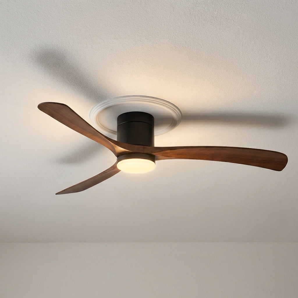 Contemporary ceiling fan with bright LED light. Quiet, smart, energy-efficient for modern home comfort.