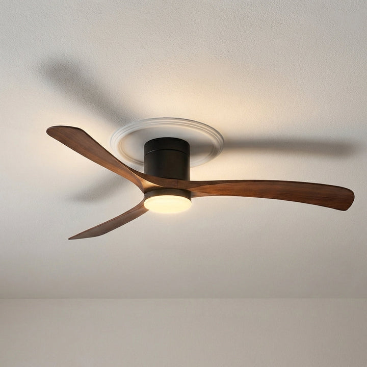 Contemporary ceiling fan with bright LED light. Quiet, smart, energy-efficient for modern home comfort.