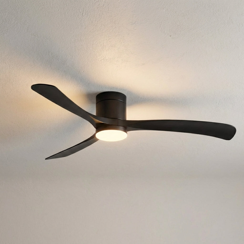 Indoor modern ceiling fan with bright LED light. Provides quiet, energy-efficient room comfort with remote.