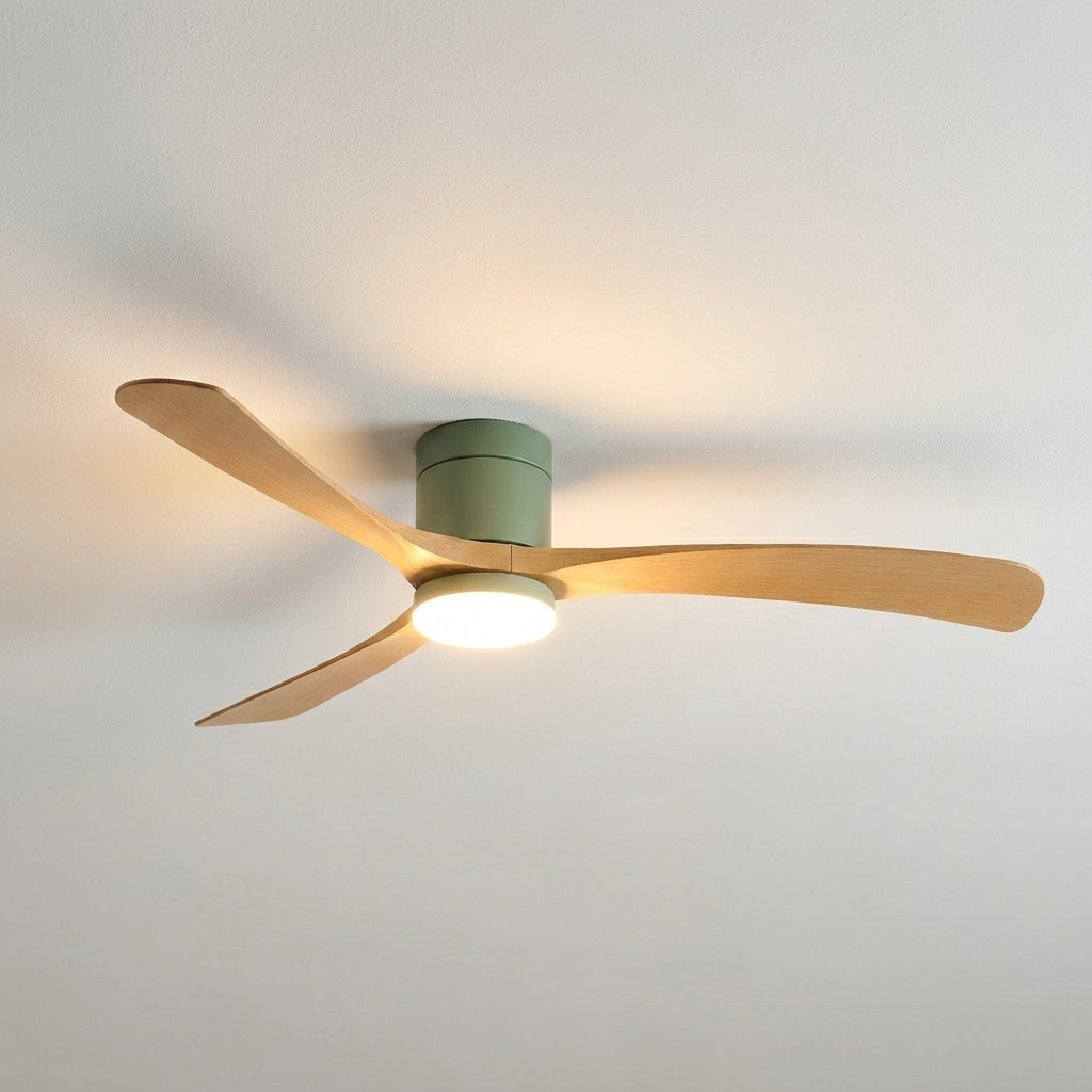 Contemporary ceiling fan with dimmable LED light. Quiet indoor fan, remote controlled for living room comfort.