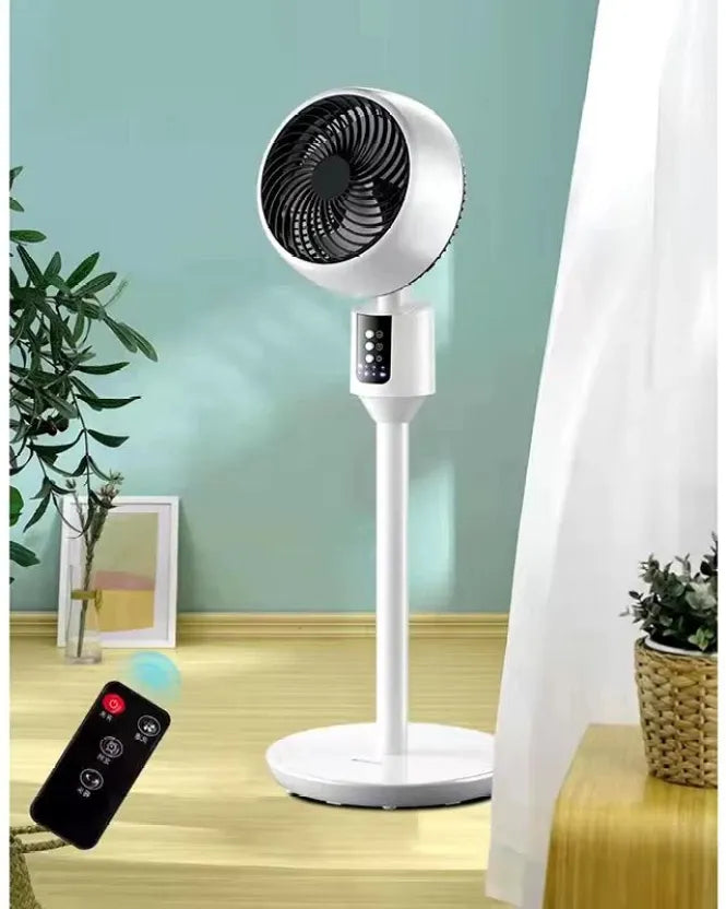 Modern height-adjustable pedestal & table fan with remote, providing quiet home cooling & air circulation.