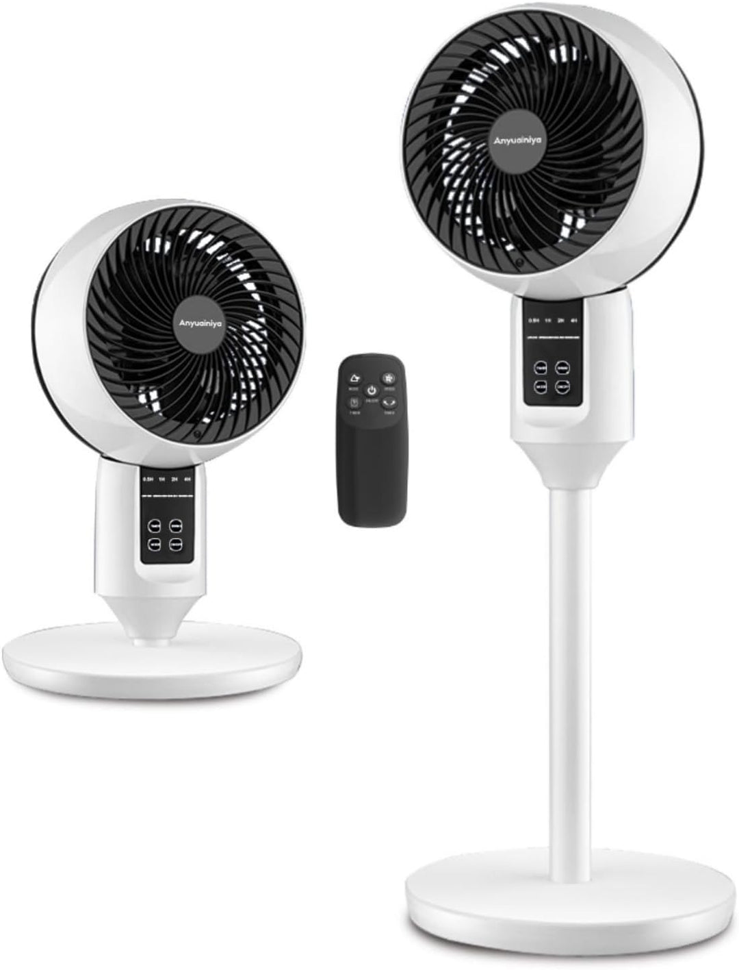 Sleek white oscillating pedestal fan, height-adjustable for powerful home cooling in any room.