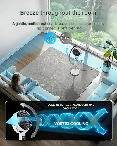Oscillating modern fan, height-adjustable, delivers strong air circulation for effective home cooling.