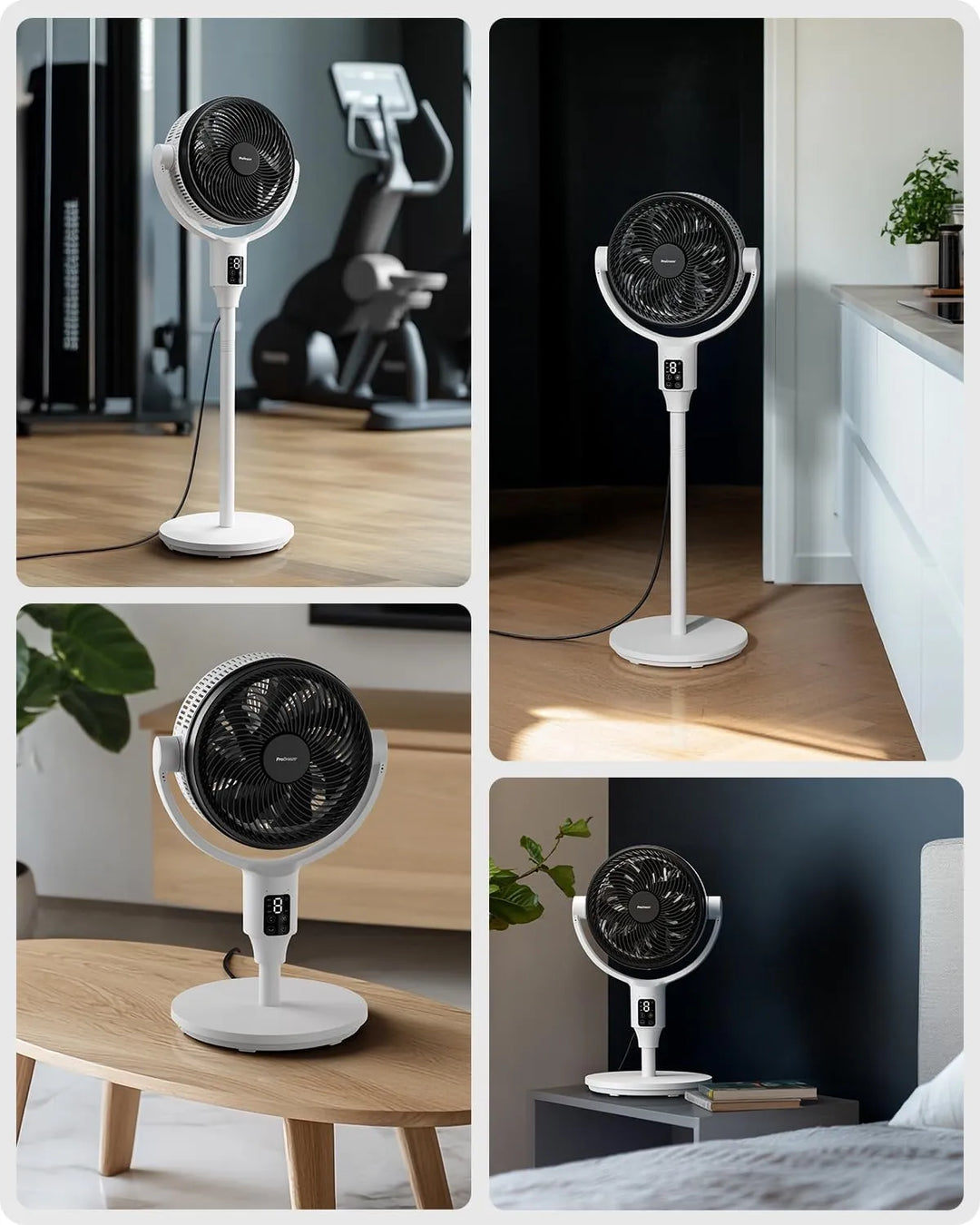 Quiet adjustable fan, modern design, functions as pedestal or table fan for peaceful home cooling.