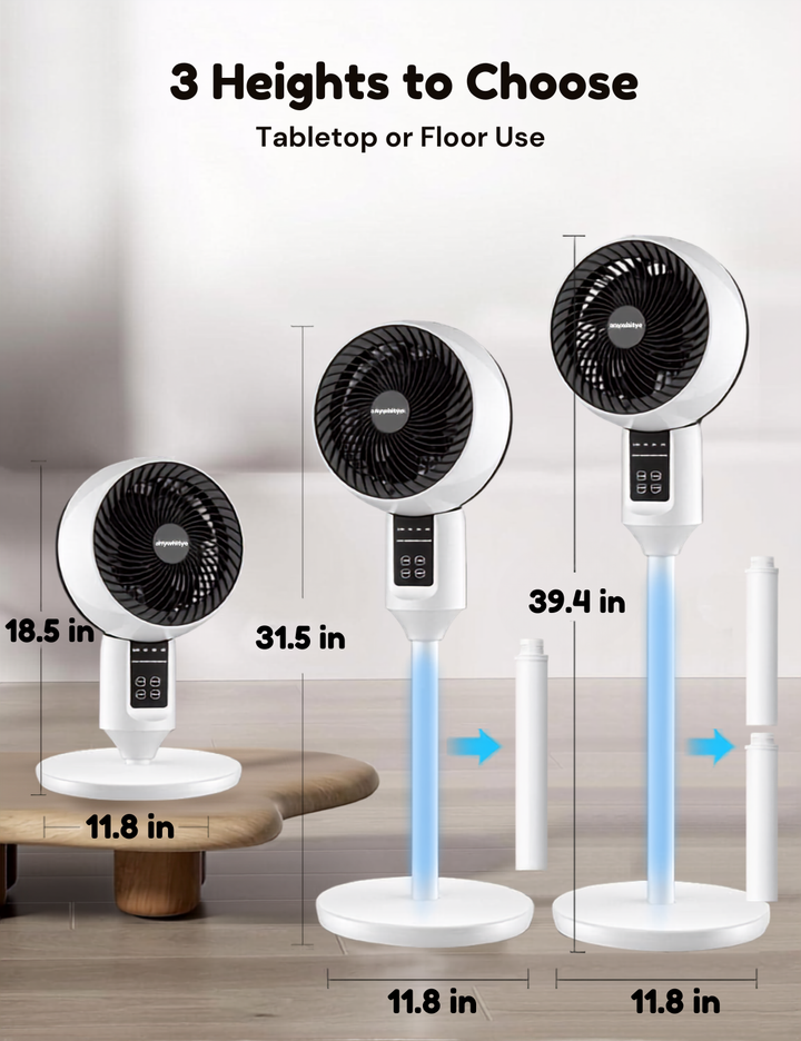 2-in-1 adjustable fan: a modern pedestal fan for whole room cooling or a compact table fan for desks.
