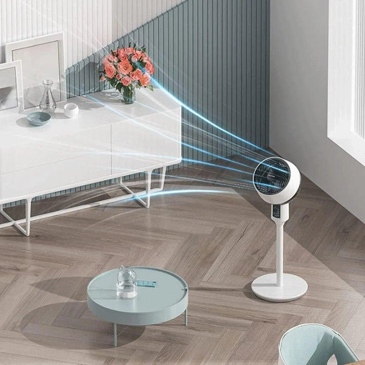 Height-adjustable fan with remote, oscillates for wide air circulation, ideal modern solution for home cooling.