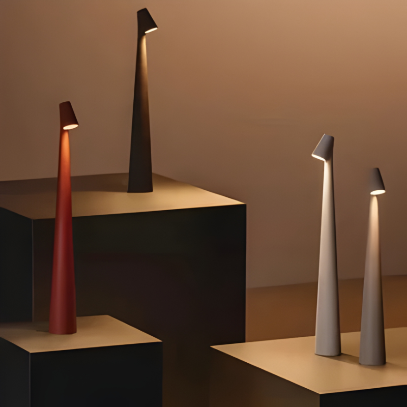 Portable modern LED lamp, Nordic design, ideal for indoor or outdoor ambient lighting on tables.