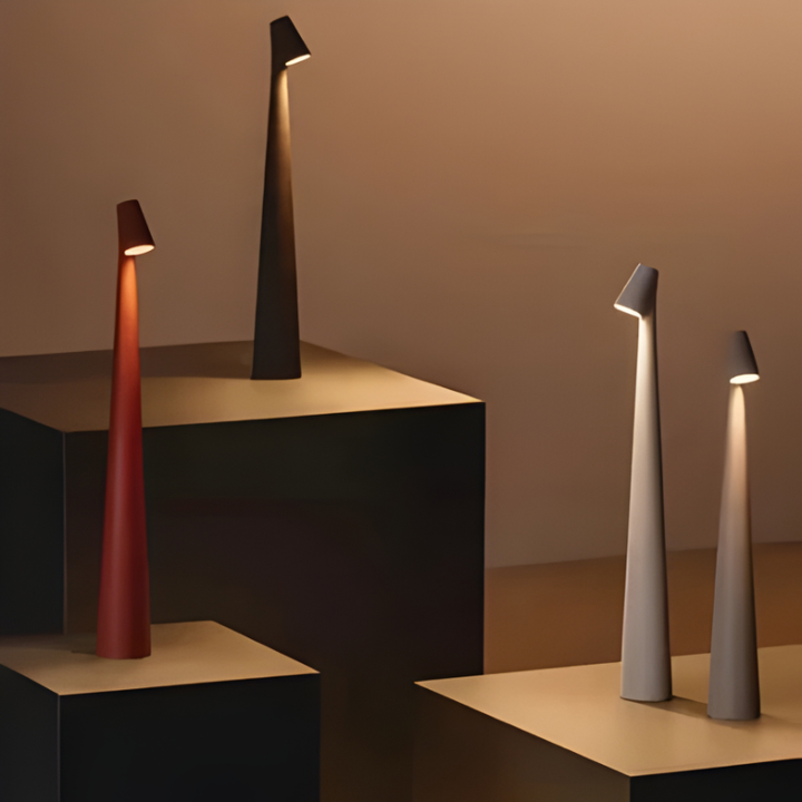 Portable modern LED lamp, Nordic design, ideal for indoor or outdoor ambient lighting on tables.