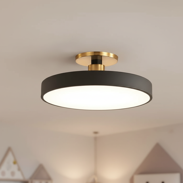 Modern semi-recessed LED ceiling light, Scandinavian design for soft ambiance in bedrooms & kids' rooms.