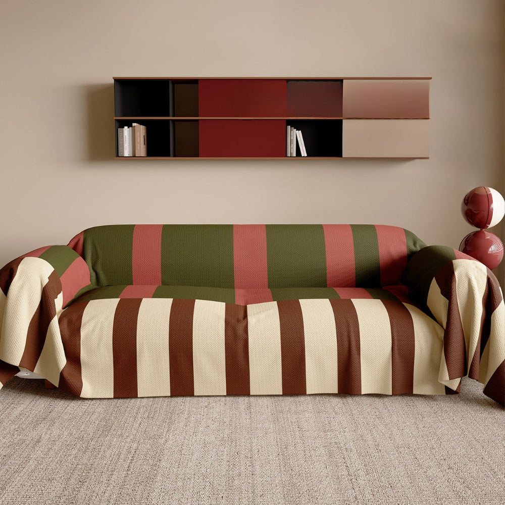 Pet-friendly striped couch cover, modern design, protects furniture. Easy clean, vibrant home refresh.