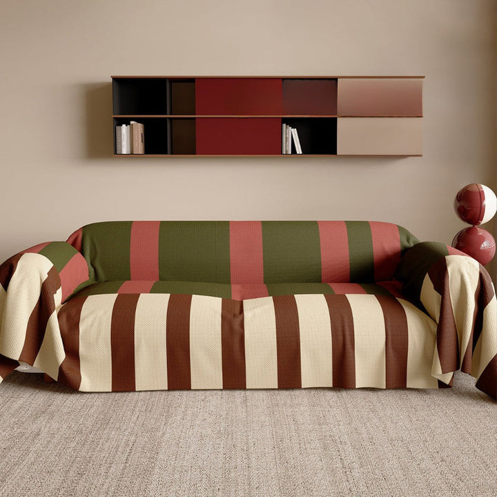 Pet-friendly striped couch cover, modern design, protects furniture. Easy clean, vibrant home refresh.