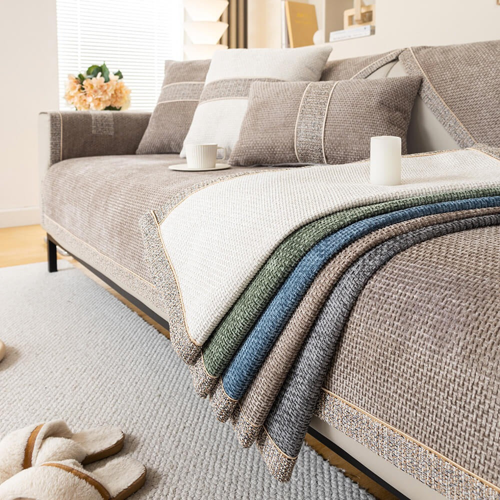 Modern tweed anti-slip sofa cover. Durable, pet-friendly furniture protector for living room comfort & style.