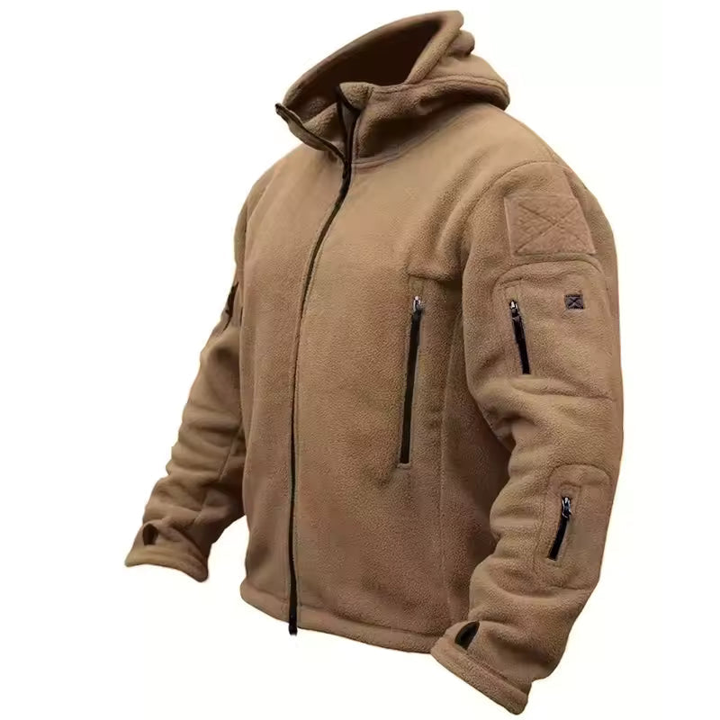 Stylish men's tactical hooded jacket in khaki. Versatile and functional outerwear for outdoor and adventure fashion.
