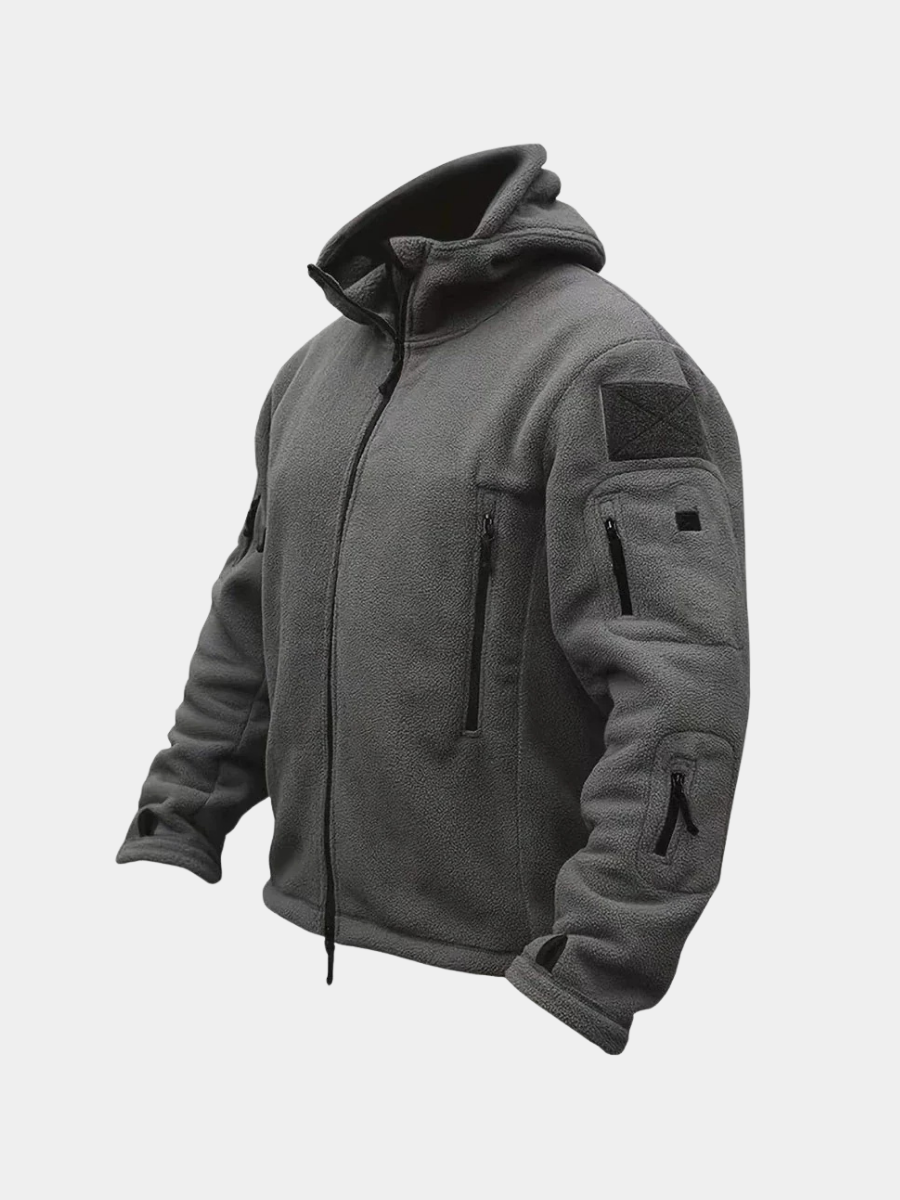 Men's tactical hooded jacket in olive green, front view. Ideal multi-pocket outerwear for outdoor adventure.