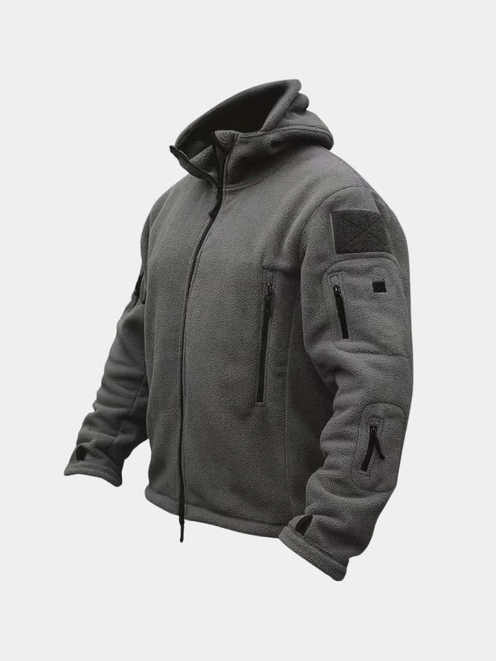 Men's tactical hooded jacket in olive green, front view. Ideal multi-pocket outerwear for outdoor adventure.