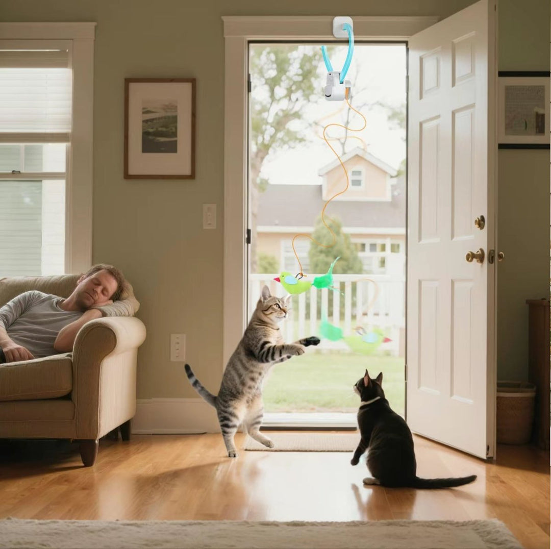 Close-up of an interactive bird cat toy, promoting mental stimulation & exercise for curious cats.