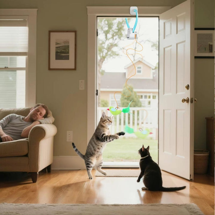 Close-up of an interactive bird cat toy, promoting mental stimulation & exercise for curious cats.