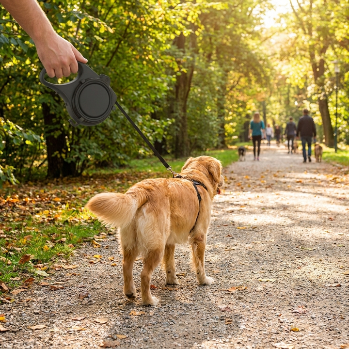 Multifunction dog leash for walking, with integrated water bottle and waste bag holder. Perfect pet travel gear.