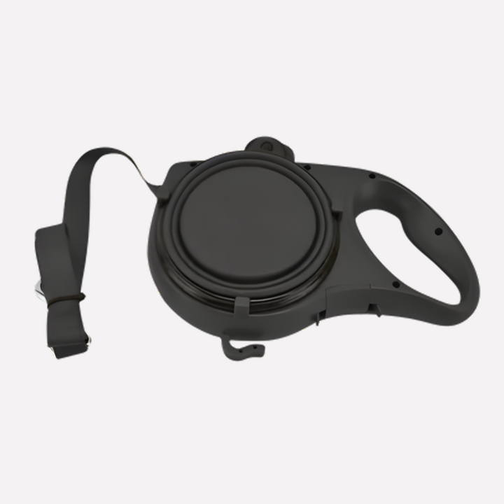 Convenient dog walking leash featuring built-in water bottle and waste bag dispenser for outdoor pet hydration.