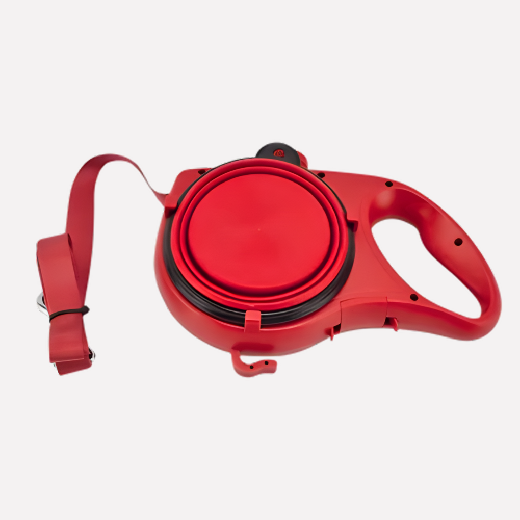 Innovative dog leash for travel, combines a durable leash with water dispenser and waste bag holder, essential pet supplies.