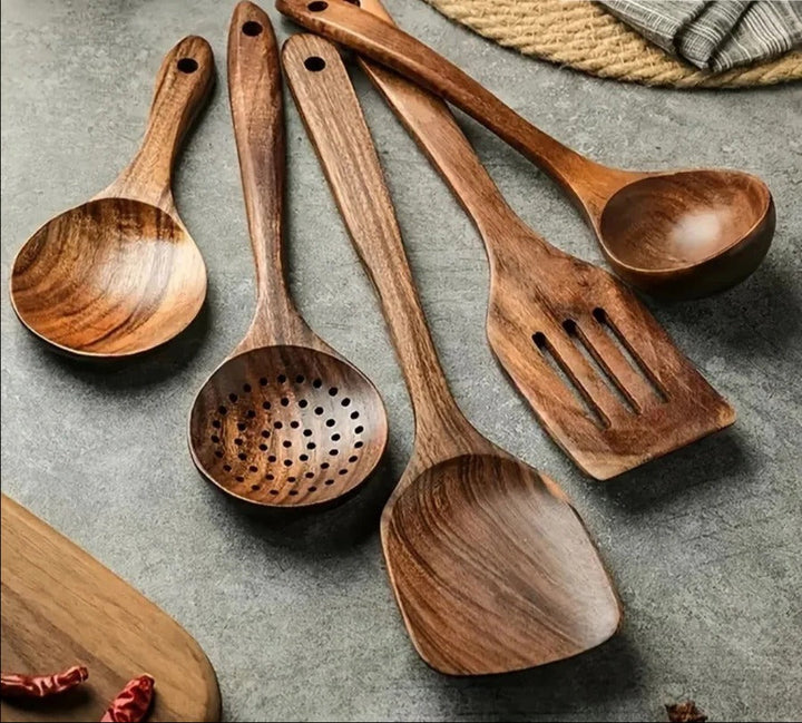 Natural Teak Wood Kitchen Utensil Set for cooking & serving. Eco-friendly, durable & nonstick safe.