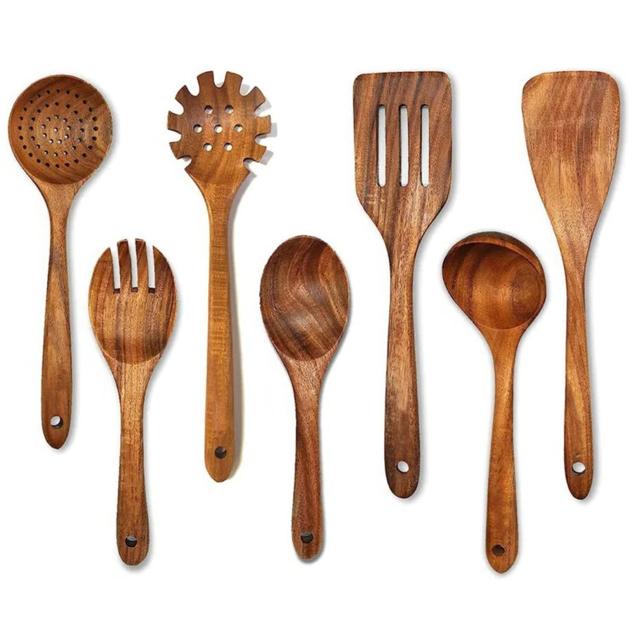 Set of natural teak wood cooking tools: spoon, spatula, ladle. Durable & sustainable kitchenware.