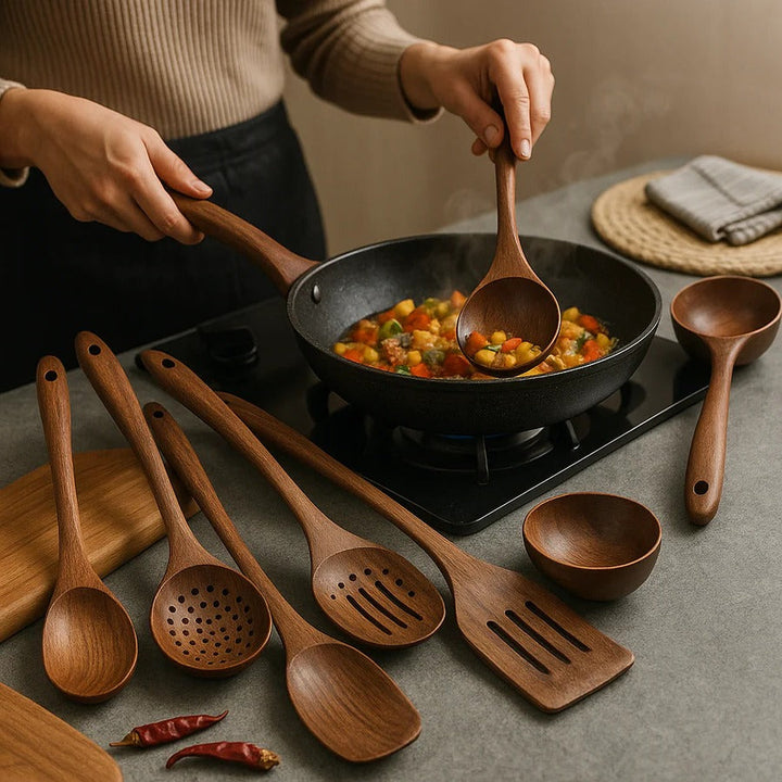 Eco-friendly teak wood kitchen utensils. Nonstick safe, durable & sustainable for healthy cooking.