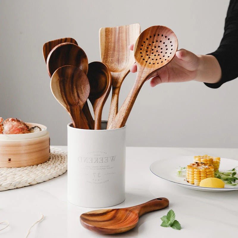 Complete natural teak wood kitchenware set. Eco-friendly, durable cooking tools for nonstick cookware.