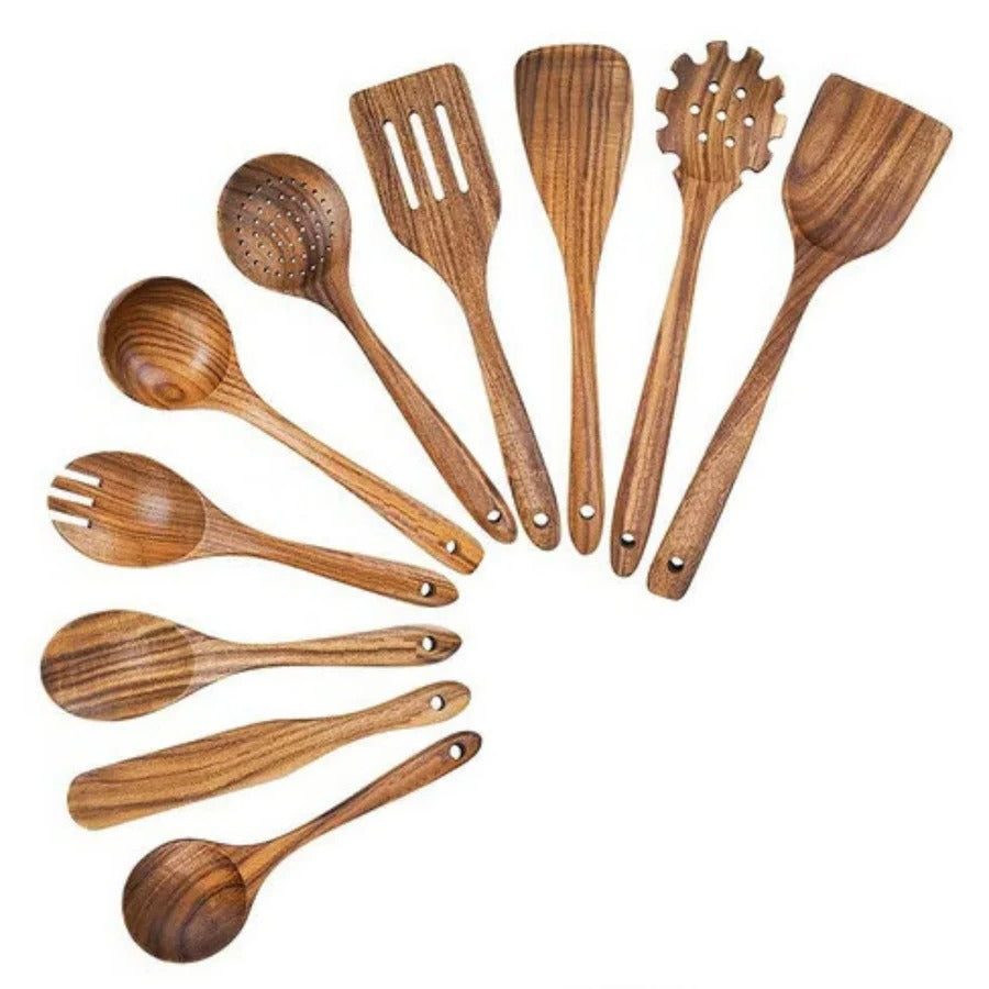 Natural teak wood cooking tools, nonstick safe & eco-friendly. Durable wooden kitchen utensils set.