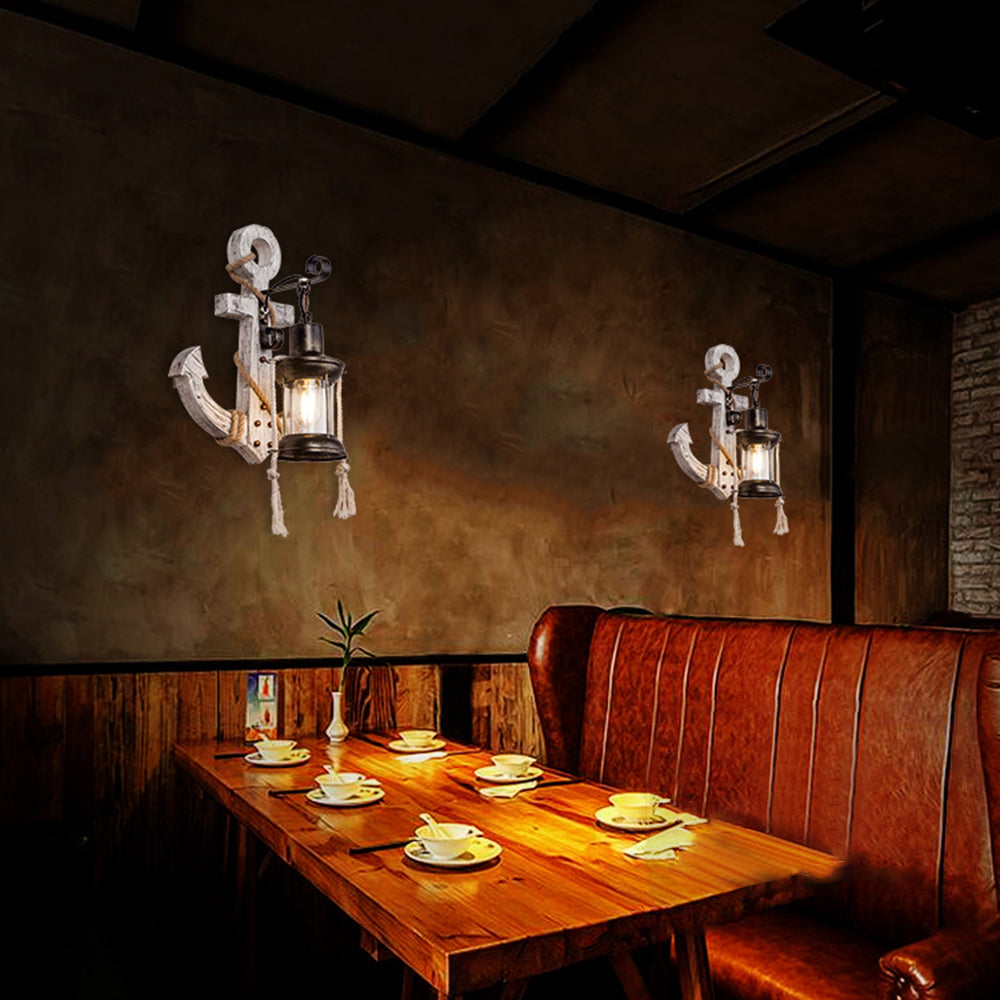 NautiGlow coastal anchor wall sconce. Rustic LED lighting fixture, perfect for beach house & nautical home decor.