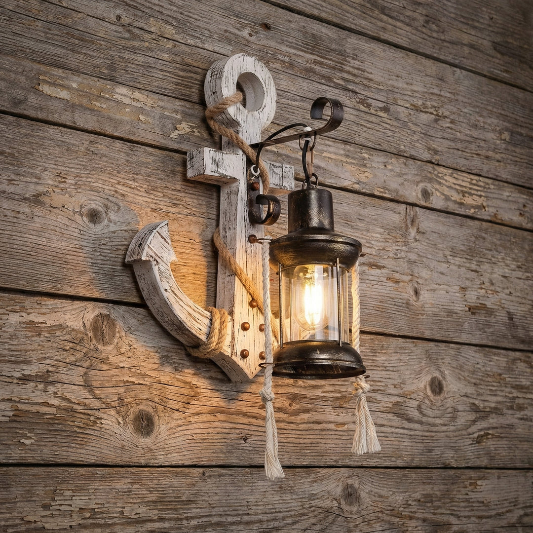Decorative ship anchor wall sconce. Coastal LED lantern light, perfect for nautical home & beach house decor.
