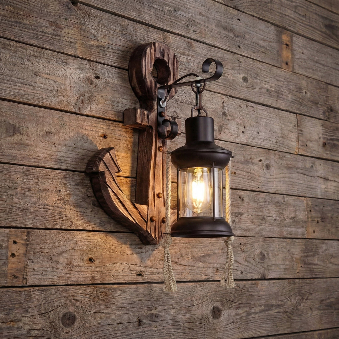 NautiGlow anchor wall sconce. Rustic LED coastal decor light for nautical themes & beach houses.