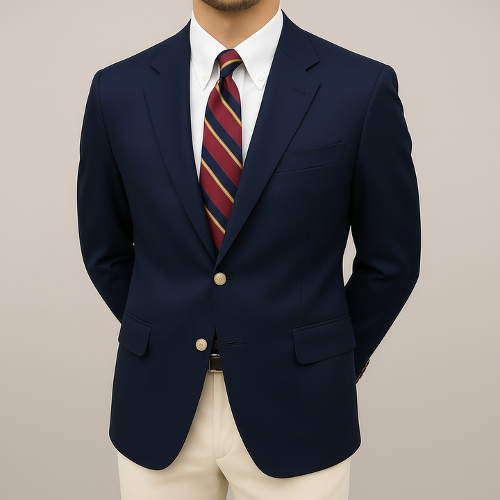 Navy blue men's tailored spring blazer jacket with elegant fit, perfect for business casual