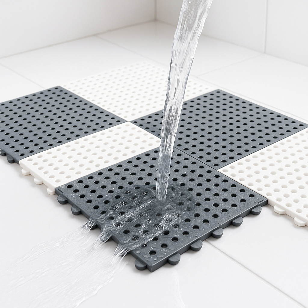 Non-slip interlocking shower mat set, white, for safe and dry wet area use.