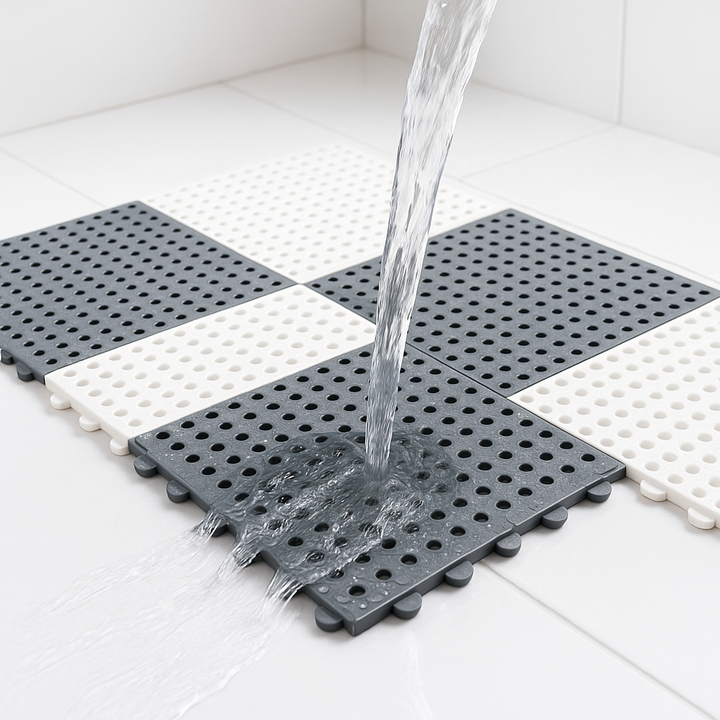 Non-slip interlocking shower mat set, white, for safe and dry wet area use.