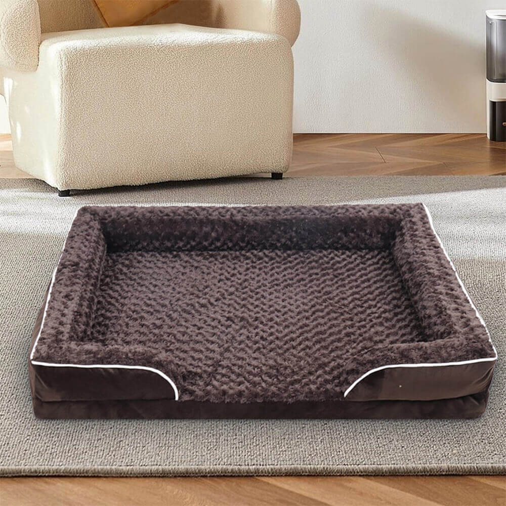 Grey orthopedic dog bed for joint support, designed for pet comfort and ideal for large or medium senior dogs.