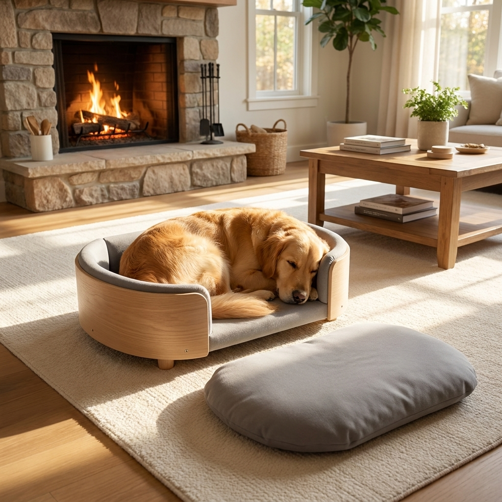 Orthopedic wooden frame dog sofa bed for medium to large pets, offering comfortable joint support.